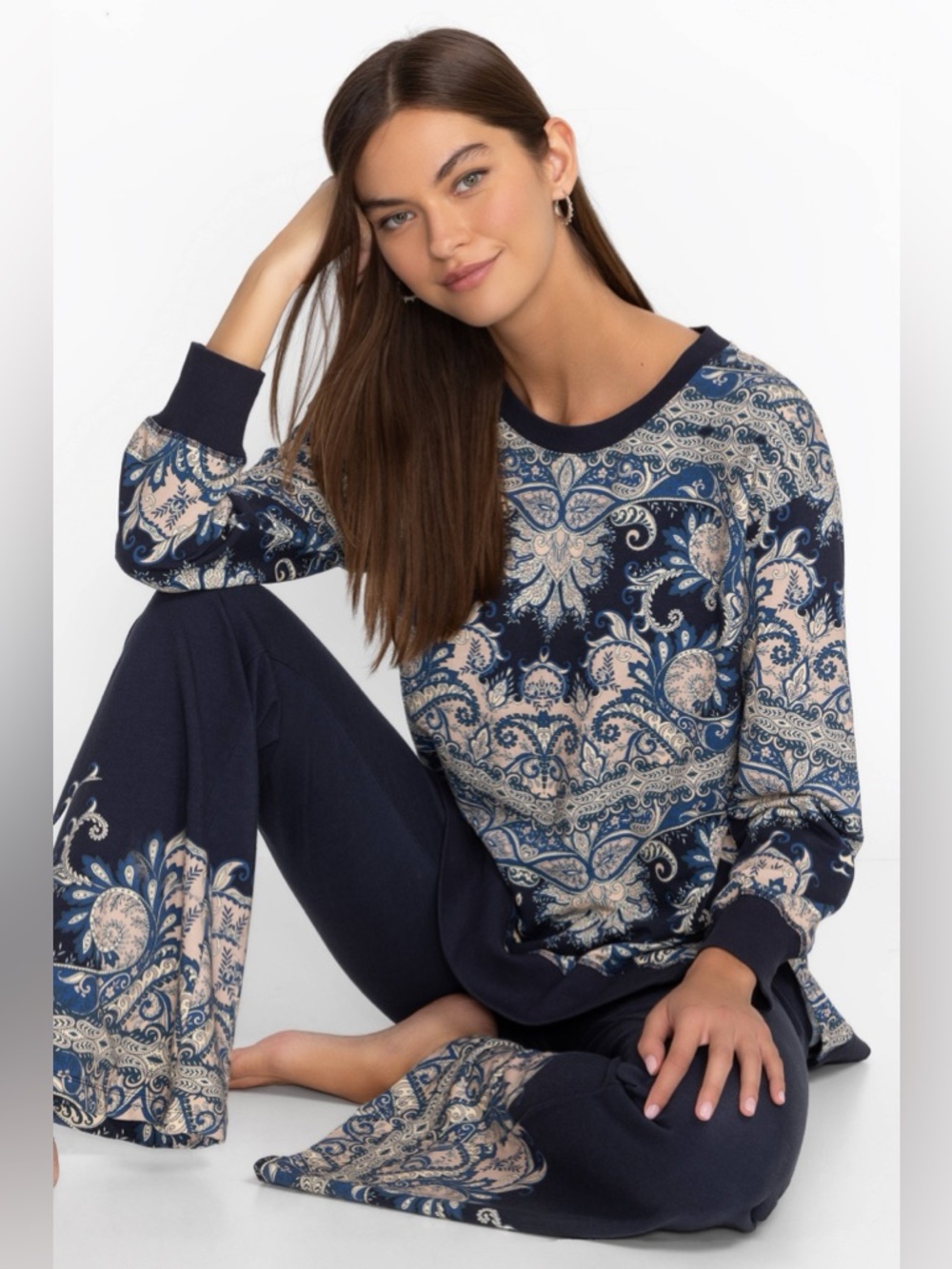 Johnny Was Navy High-Waist Flare Leggings with Paisley Hem Print